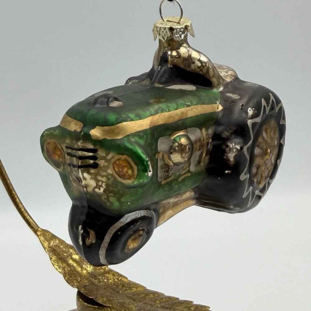 Mercury‎ Glass Hand Painted Green Tractor Ornament with Gold Detailing